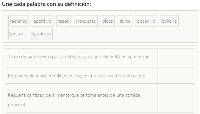 Ejercicio para practicar el vocabulario de las comidas en España